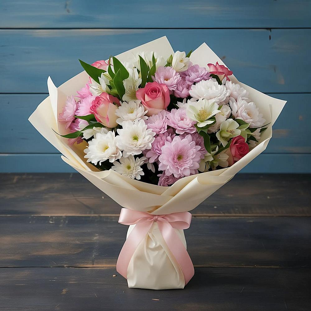 Букет цветов из: Хризантемы, Альстромерии и Розы в Кущевской